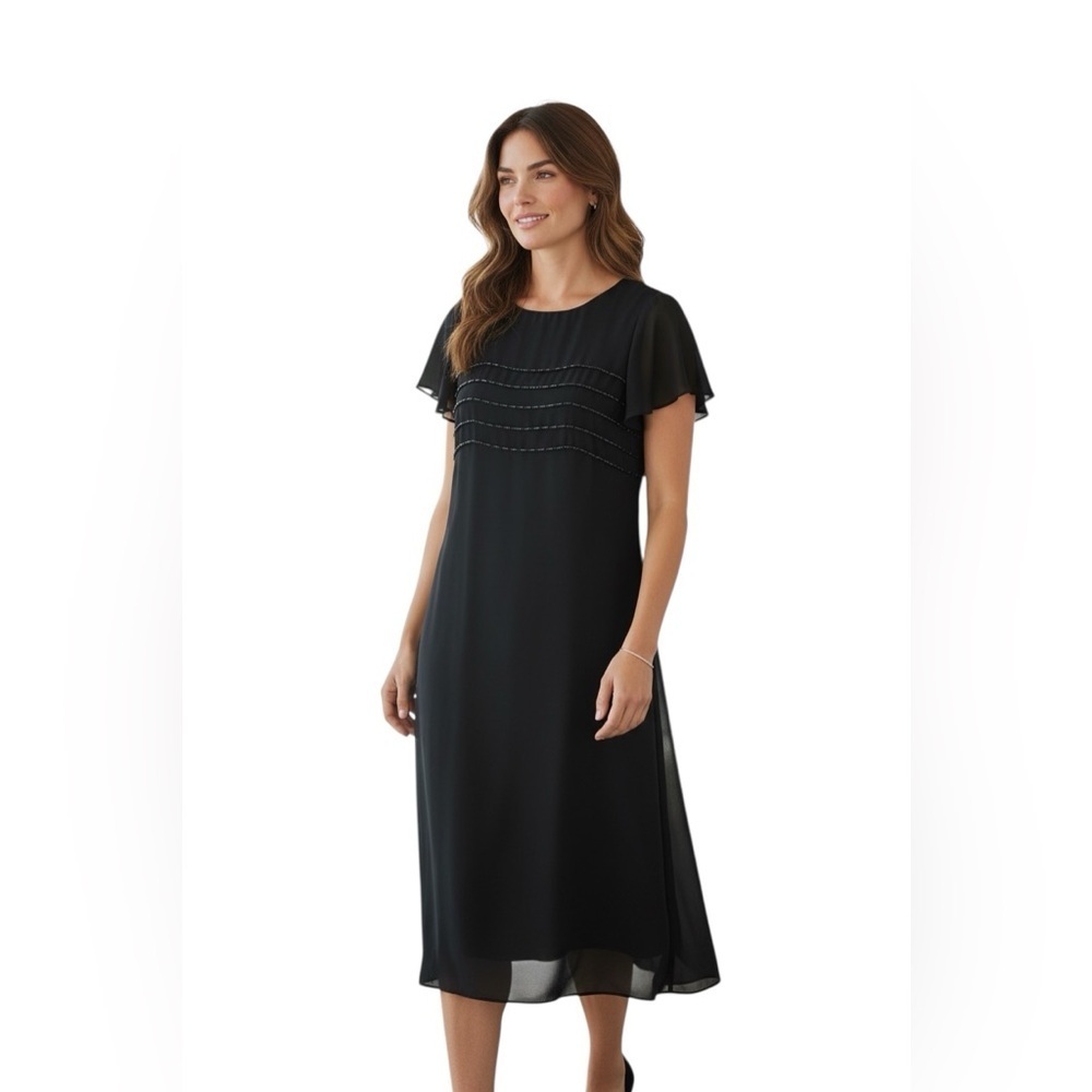 Talbots Petites Black Silk Midi Sheath Dress Short Sleeve Beaded 2P
